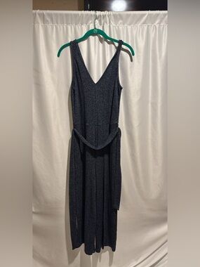 GAP Navy Textured V-Neck Jumpsuit with Waist Tie